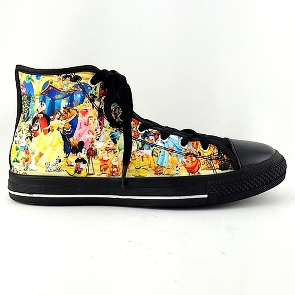 Women's High Top Lace Up Sneakers  Disney Character Black Multi Print Size 7.5 - Picture 2 of 15